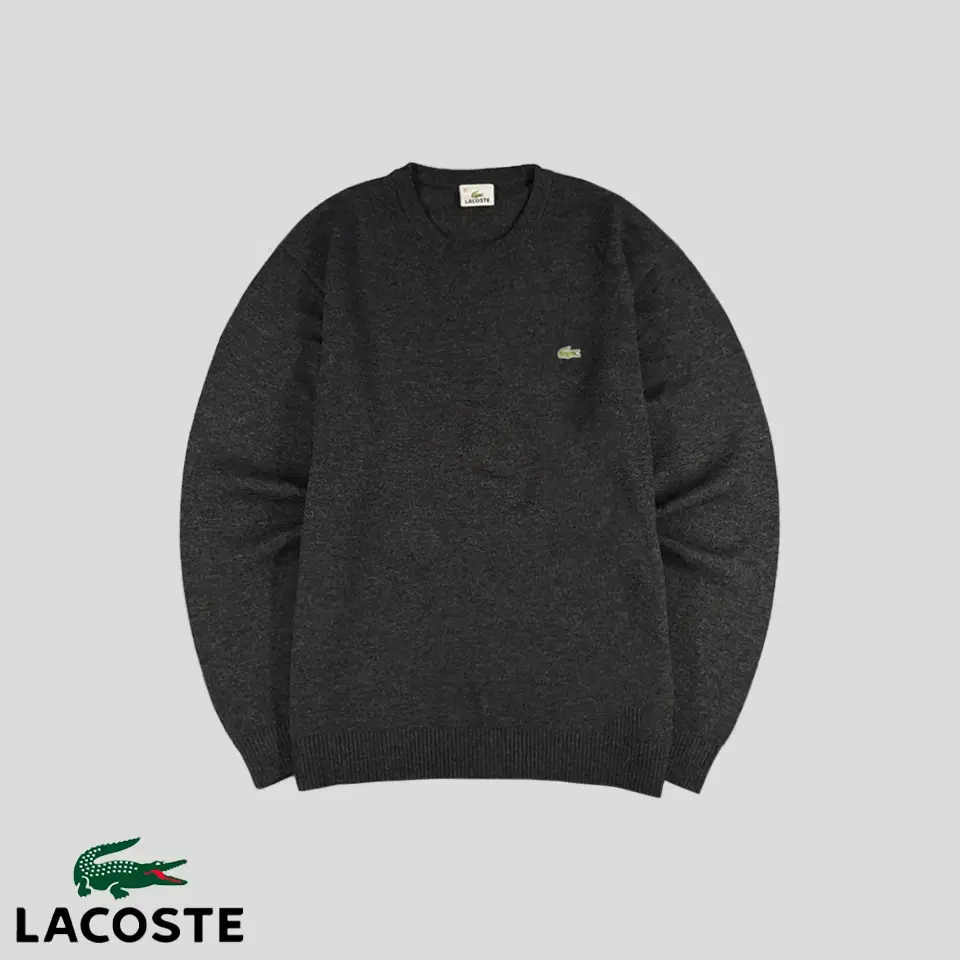 Lacoste Charcoal-Grey Croc-Patched Wool100 Simple Minimalist Casual Round-Neck Knit