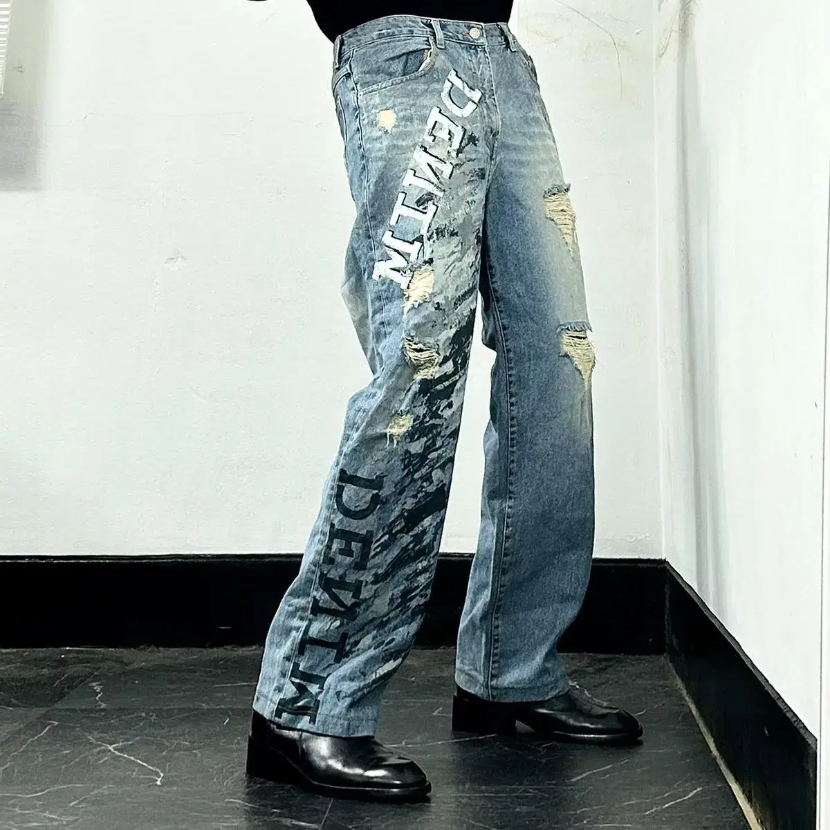 Stone Jeans 페인팅 데미지 와이드 데님 팬츠