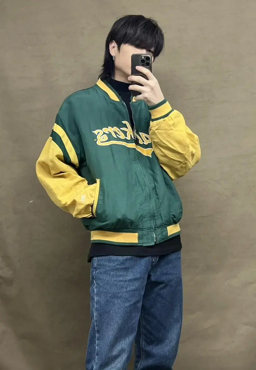 Nfl x mirage old school green yel varsity jacket L