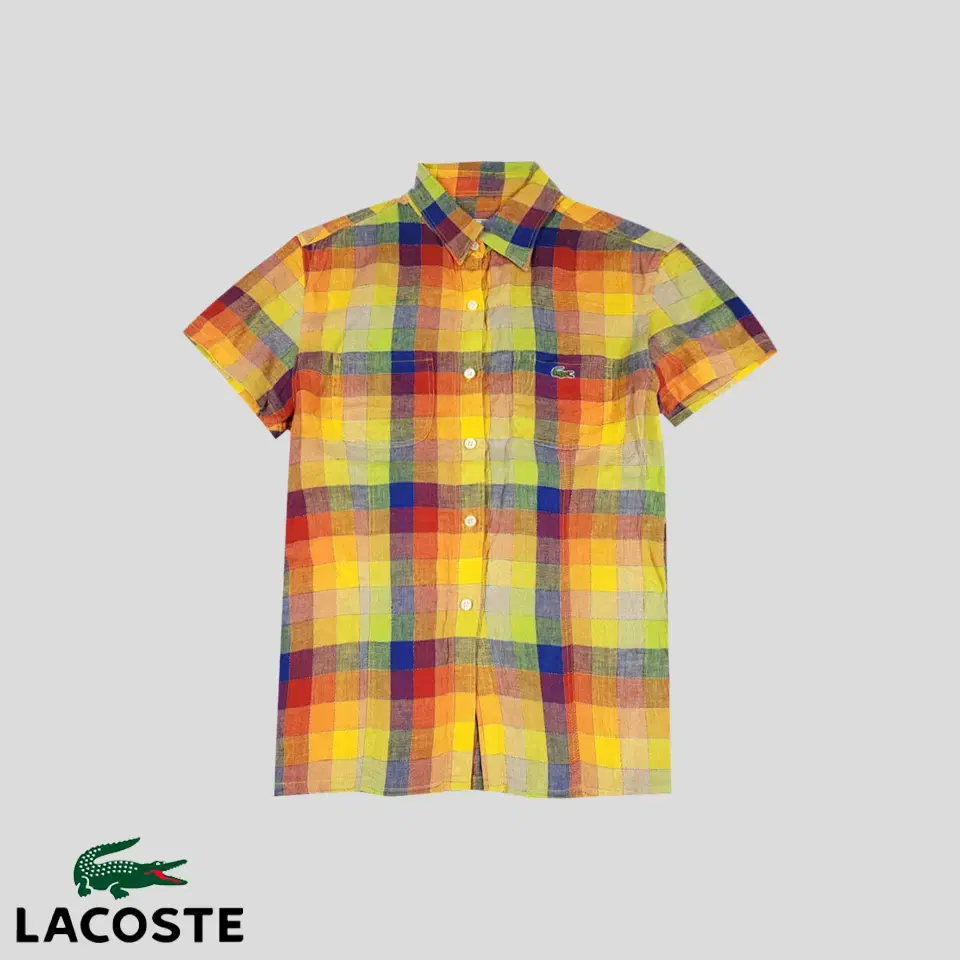 Lacoste Sequin 90s yelColorblocked windowpane linen100 short-sleeved shirt ha