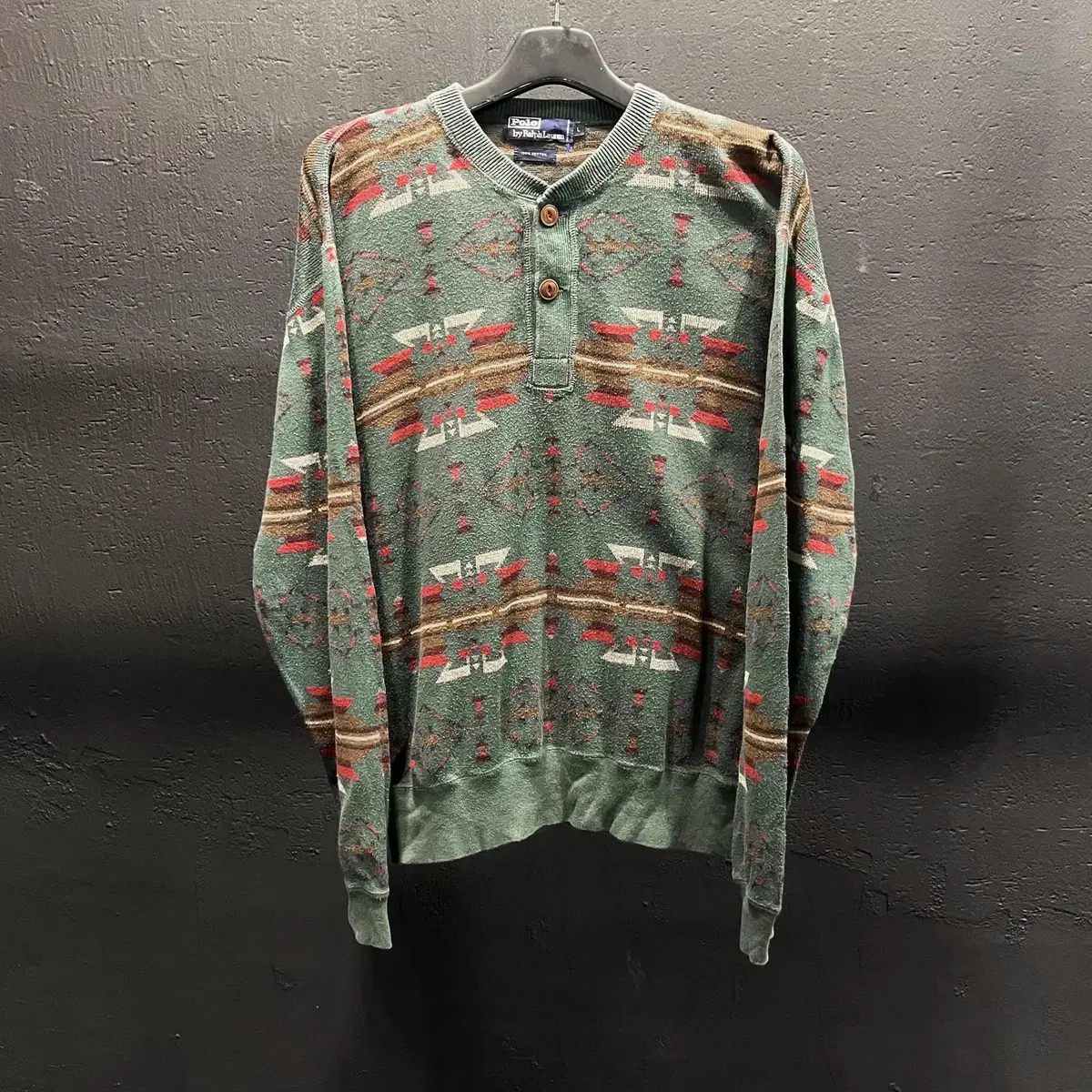 Polo Ralph Lauren Green Southwestern Pattern Detail Henley Neck Cotton Sweater