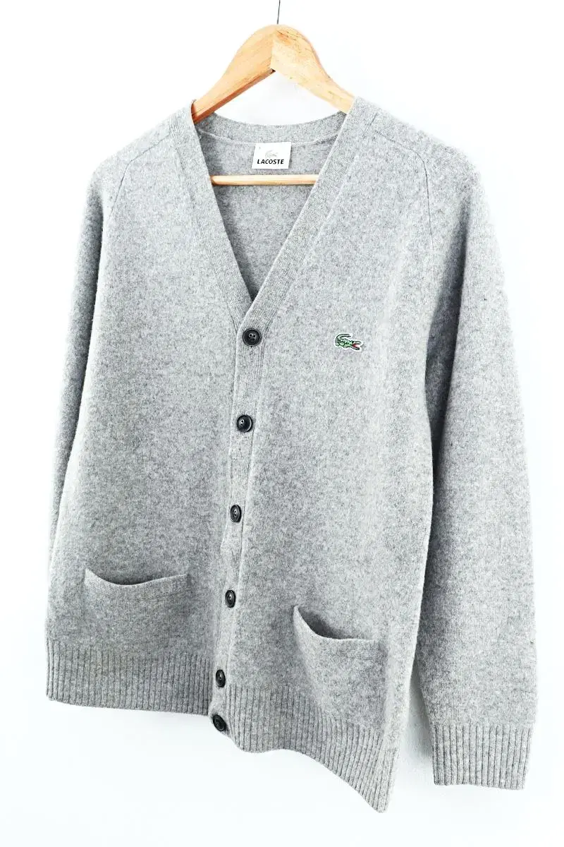 (L) Lacoste Knitted Cardigan Gray Wool Basic Old School - A34E