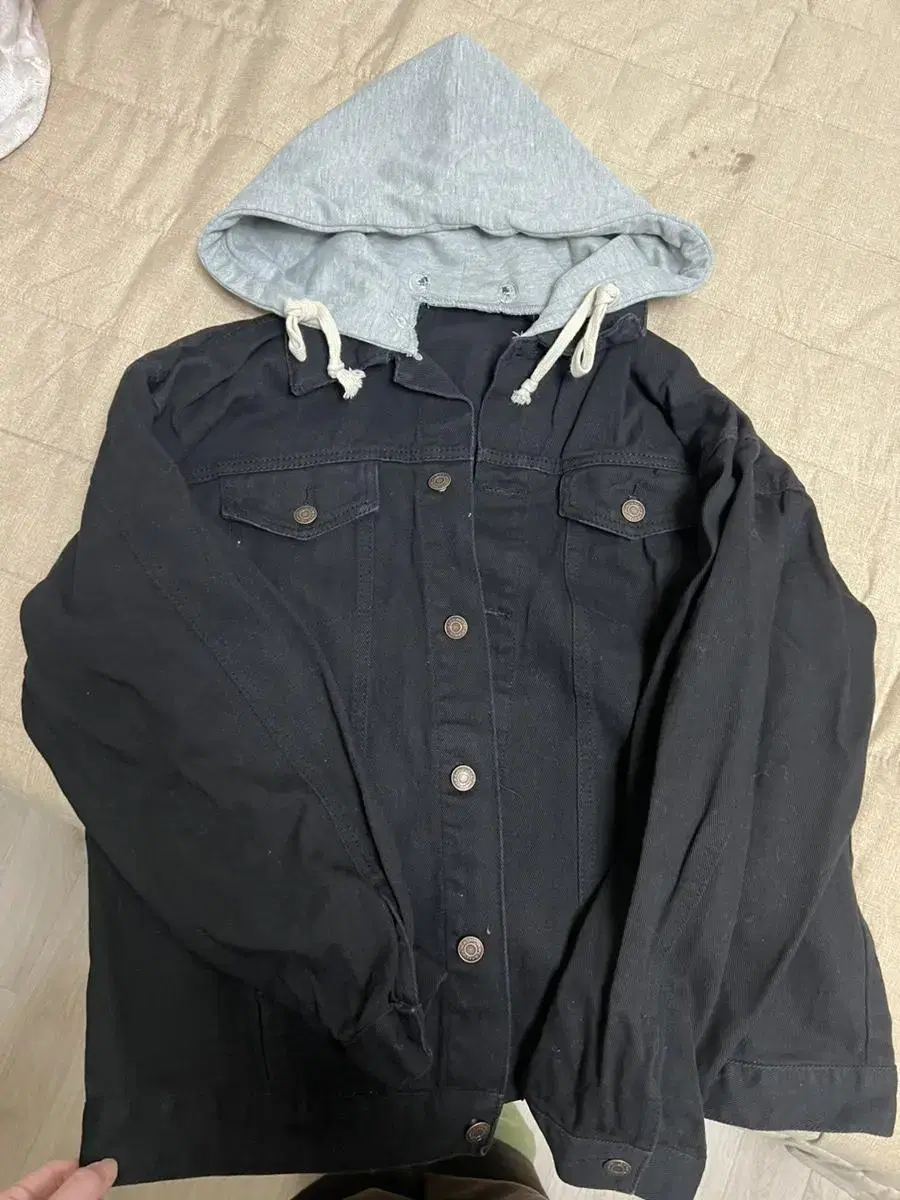 Black denim cotton hooded jacket