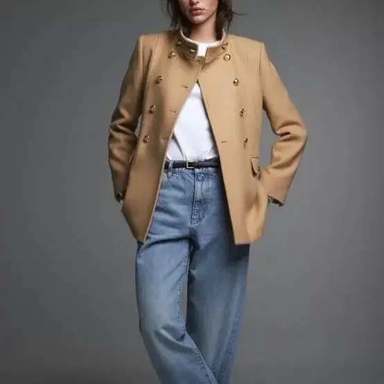 ZARA 자라 골드 버튼 울 하프 코트 카멜