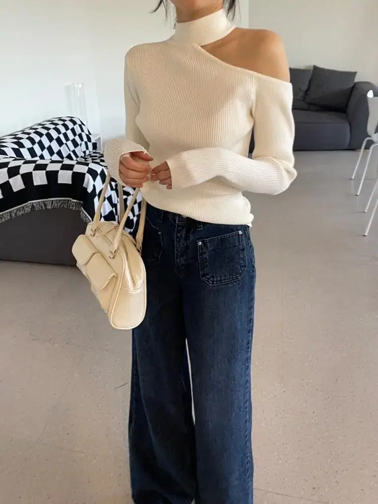 January 8 Coin High Neck Turtleneck Off Shoulder One Shoulder Ribbed Knit