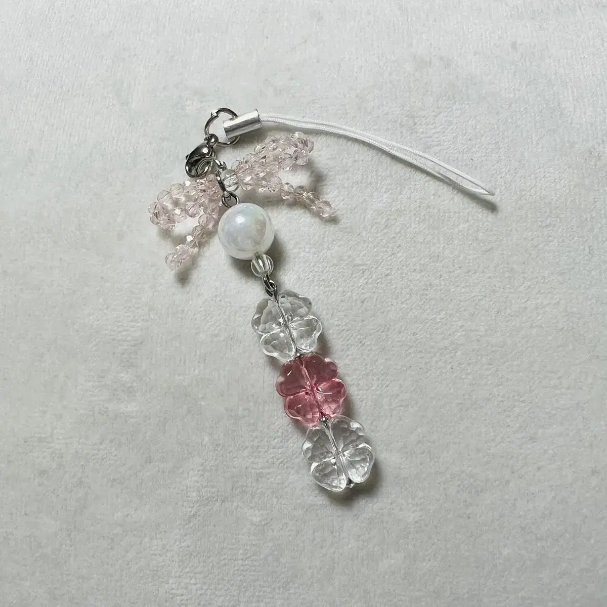 Clear Pink Four-leaf Clover Bead Ribbon keyring Mobile Phone Strap