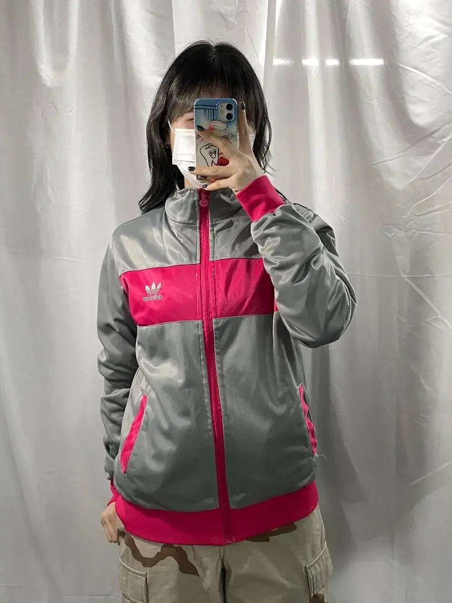 Adidas Reversible Magenta-Pink-Grey Colorblocked Flame Logo Windbreaker L