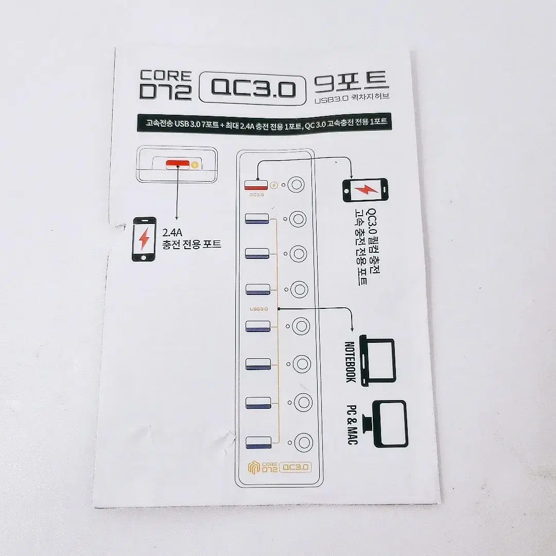 씽크웨이 CORE D72 QC3.0 9포트 USB충전겸용 허브