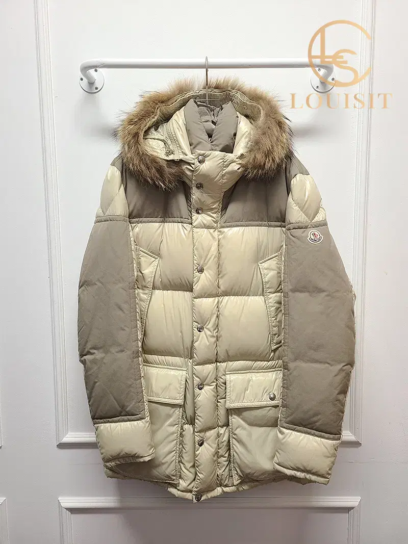 [4] Moncler beige frayed glossy hooded fur puffer jumper