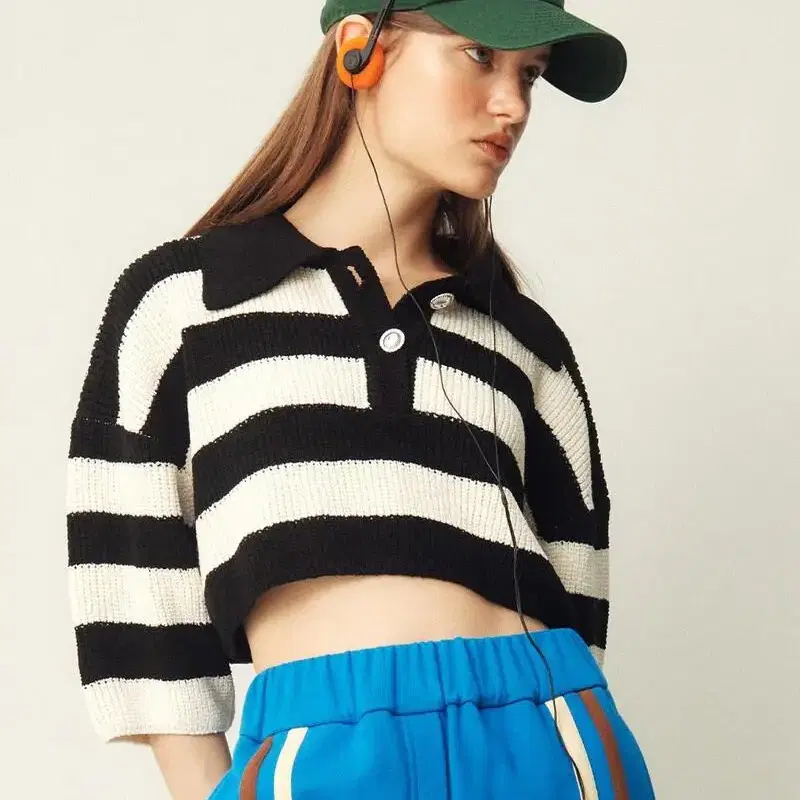 (새상품) 기준 Crop Pique Knit Black Stripe