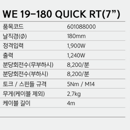 WE 19-180 7인치 전기그라인더 메타보 유선그라인더 디월트 밀워키