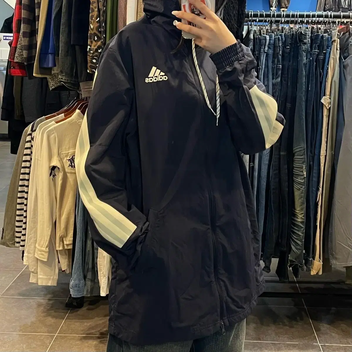 (No.9) Adidas 아디다스 스트링포인트 네이비 후드 바람막이 L