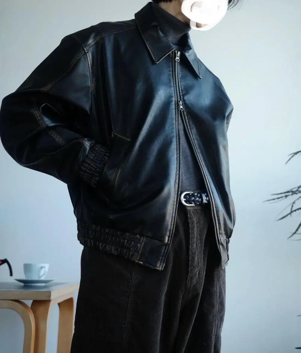 (New) Men's Washed Leather Jacket (F,Black)