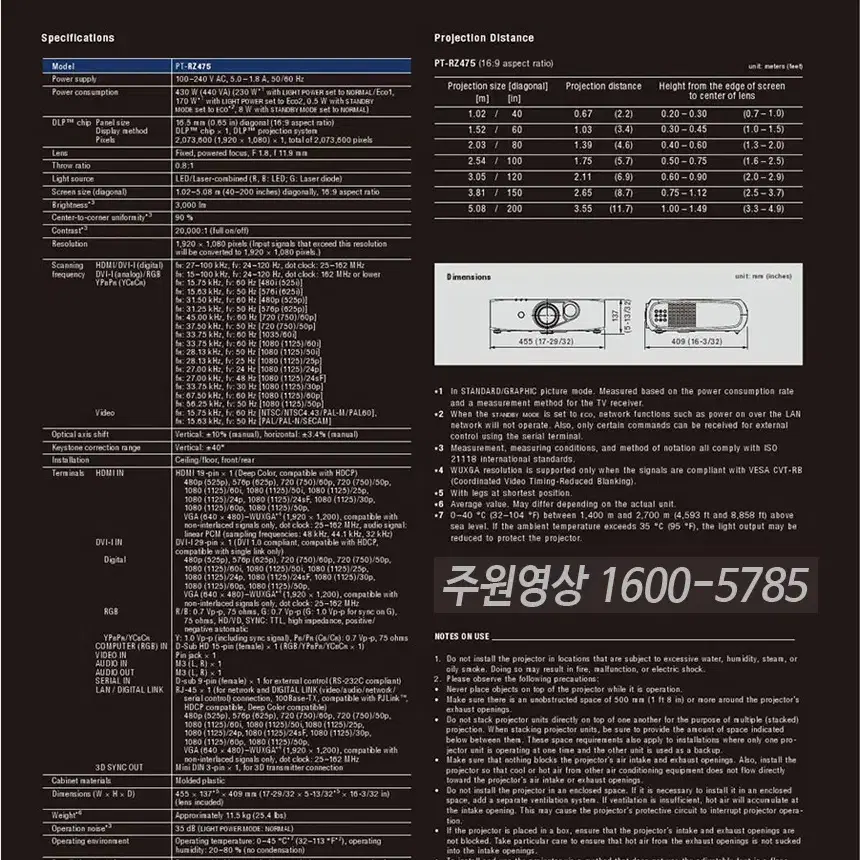 파나소닉 PT-RZ475 / 램프수명 최대 87,600시간 중고빔프로젝터