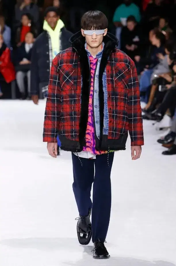 Balenciaga FW18 Layered flannel nylon and fur denim jacket runway