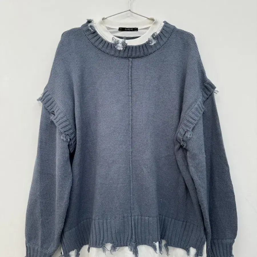 soft blue damage layered knit