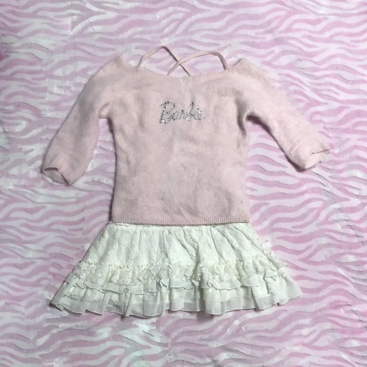 BARBIE bobby Q-block logo pink angora knit