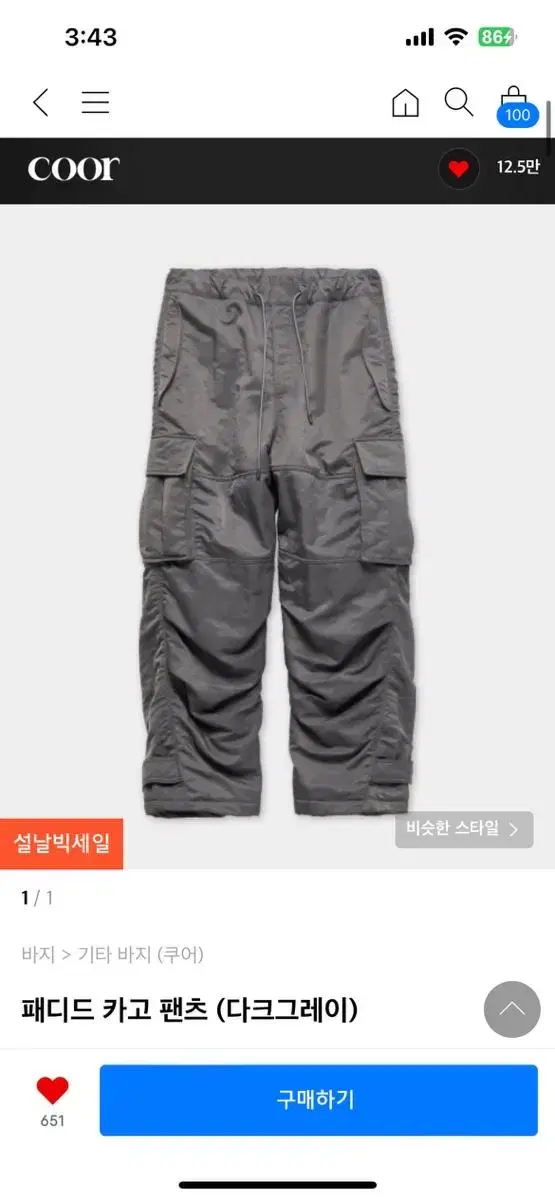 Coor Padded Cargo Pants Dark Grey Size S