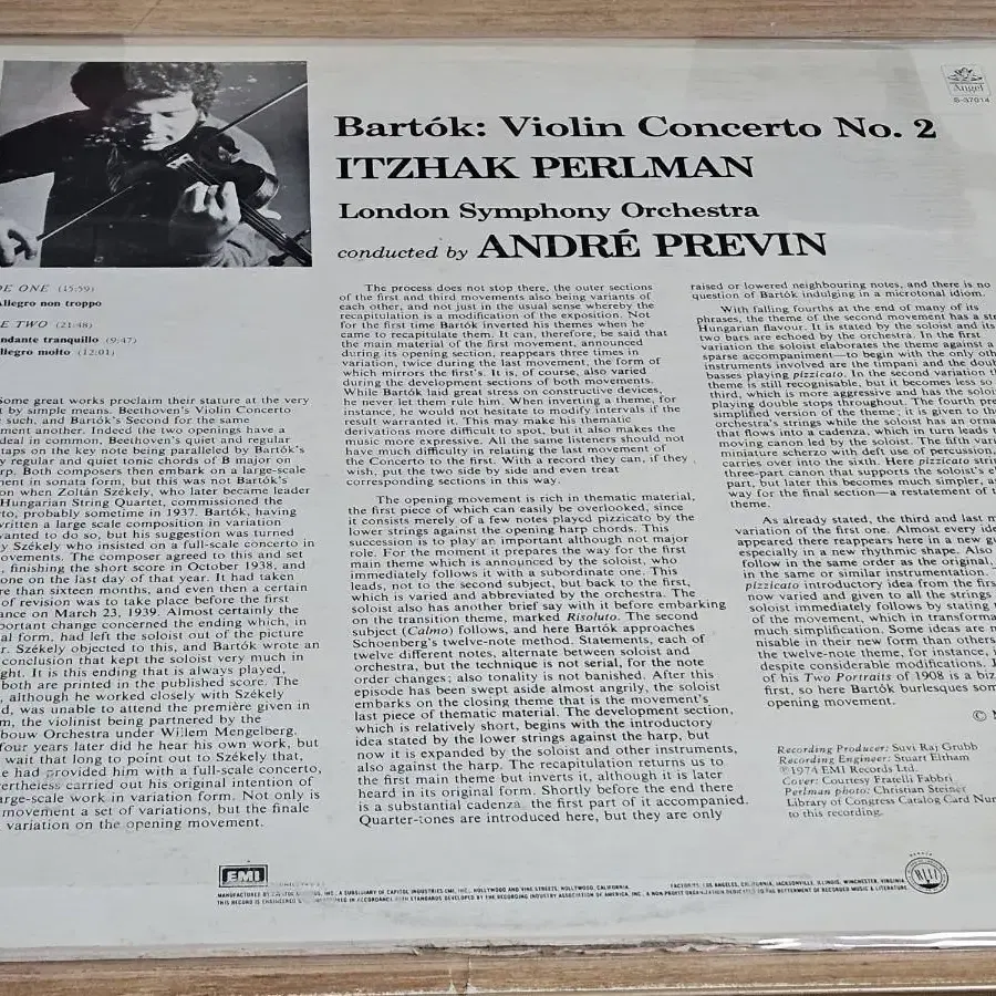 Bartok:Violin Concerto No.2 - Perlman LP