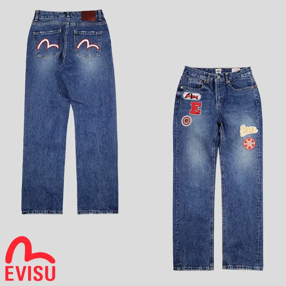 EVISU Mid-waist Washed Red White Hills Logo Multi Patch Logo Straight Fit Boy Fit