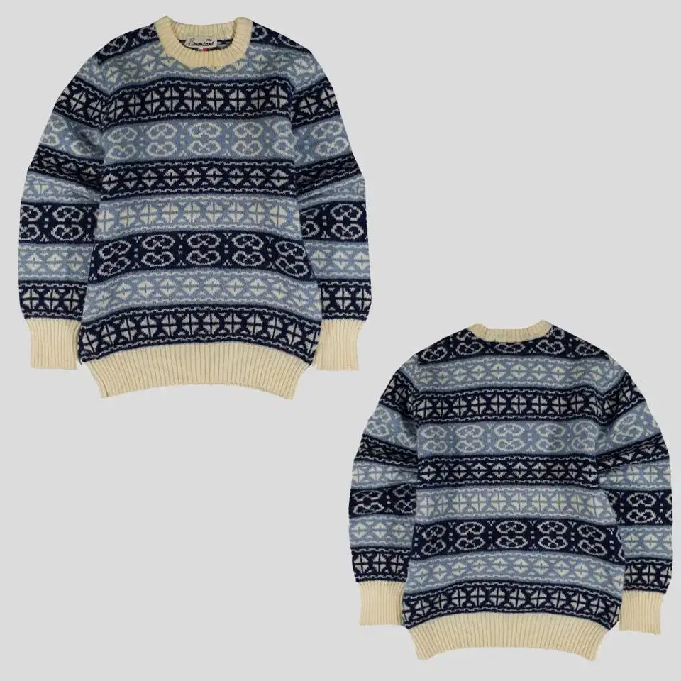 Vintage bloo Navy Stripe Nordic Pattern Wool100 Roundneck Knit WOMAN