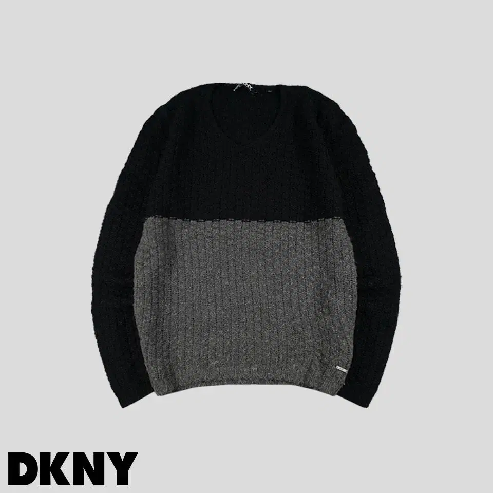 DKNY DK and Y Black and Gray V-neck V-blend Steel Logo Wool Blend Knit S