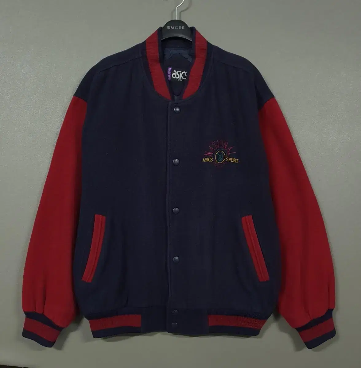 90s Asics Sports Old School Embroidered Wool Varsity Stadium Jacket Quilted Jumper