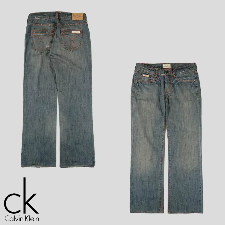 Calvin Klein Jins Heavy Blue Wash Orange Stitching Low-Rise Y2K Jeans Denim Pants