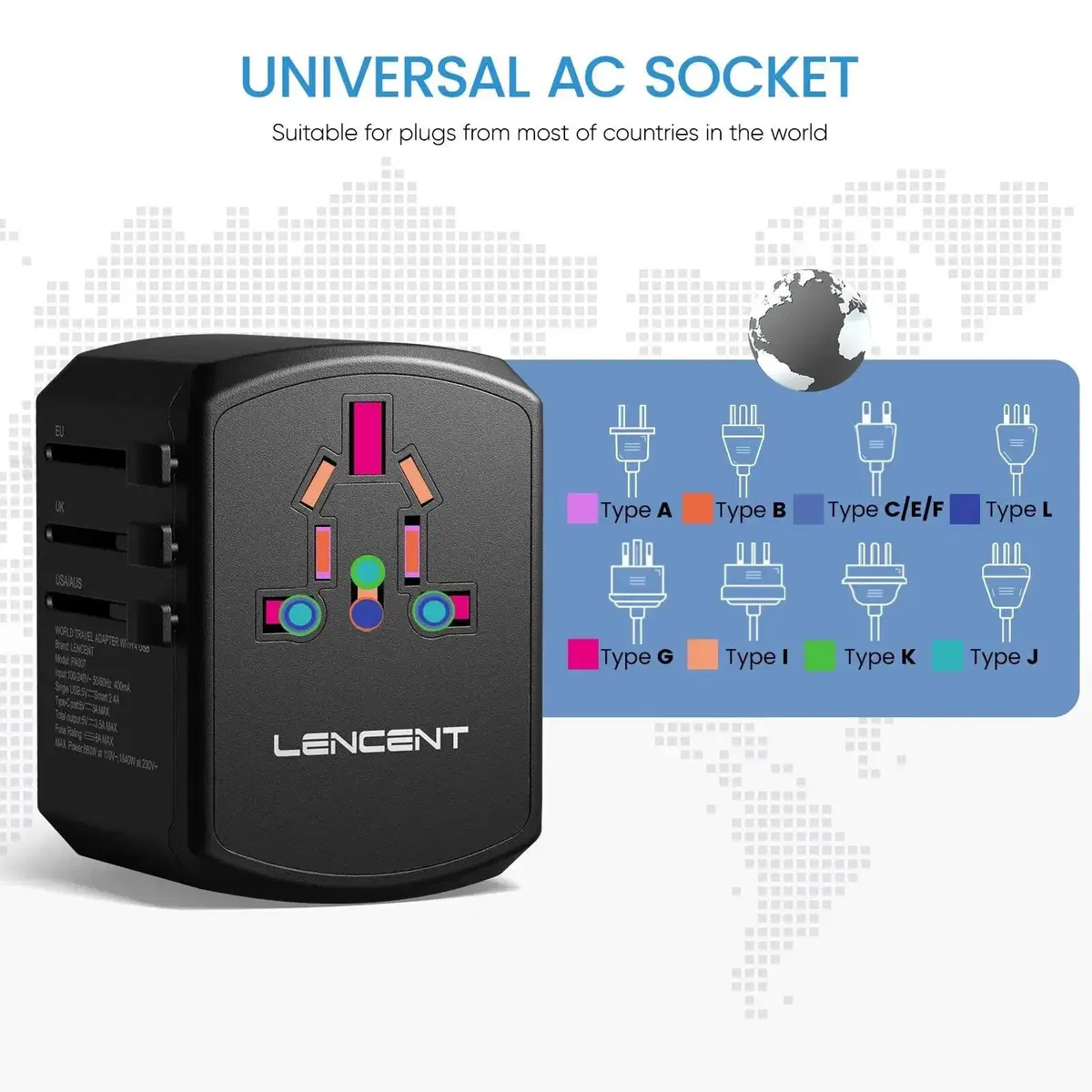 올인원 국제 여행 어댑터 , USB 포트 3 개 및 C타입 1 개