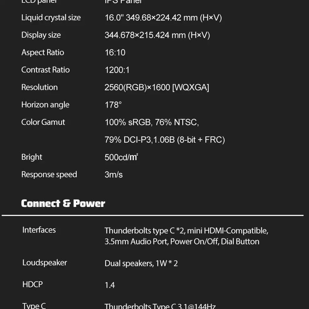 ZEUSLAP 16 "2.5K 144hz 휴대용 모니터 100% sRGB