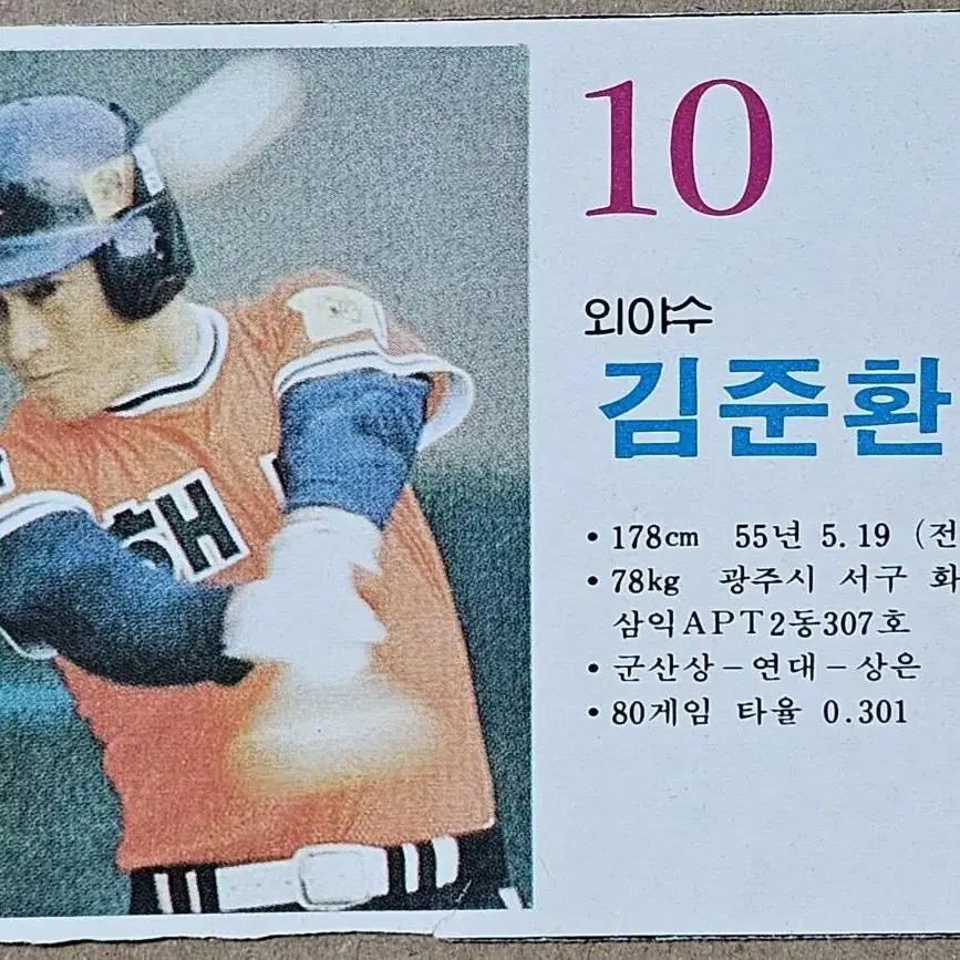 1983년 프로야구 해태 타이거즈 김준환 선수 카드