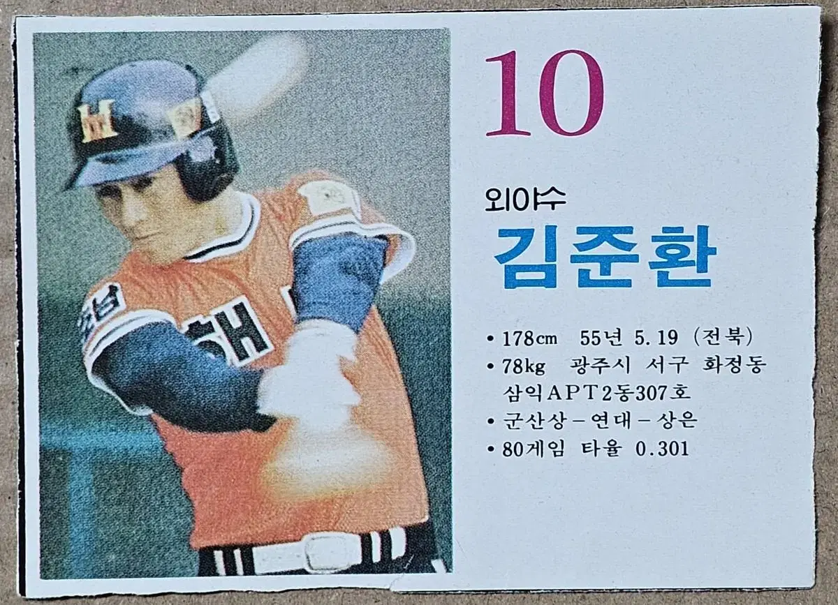 1983년 프로야구 해태 타이거즈 김준환 선수 카드