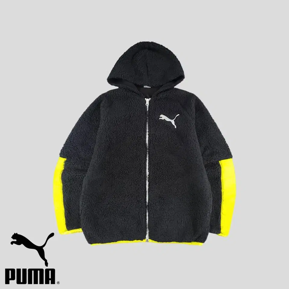 PUMA 퓨마 푸마 JP 블랙 네온 옐로우 배색 후드 플리스 후리스 집업