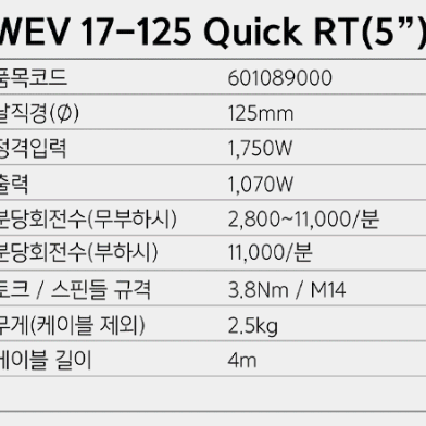 메타보 WEV 17-125 Quick RT 5인치 속도조절 앵글그라인더