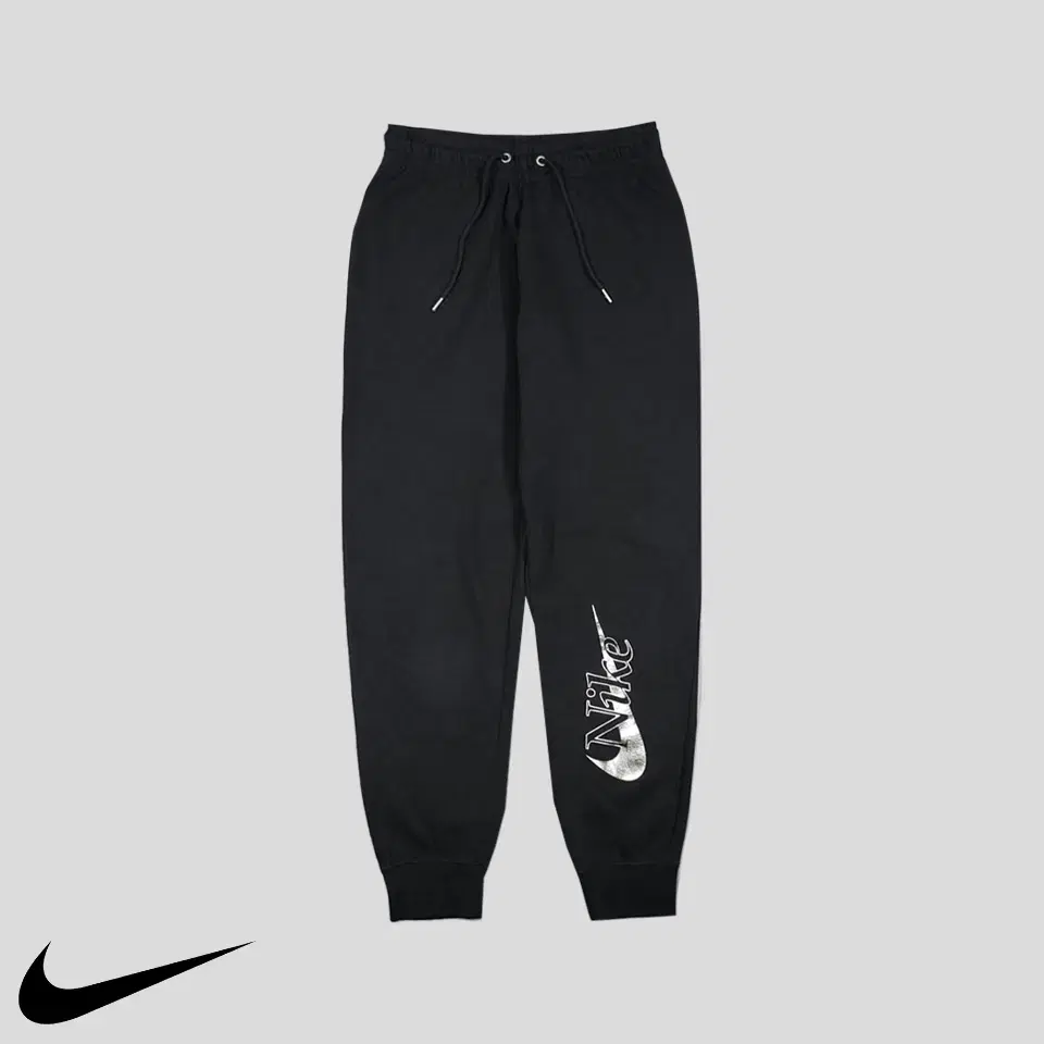 Nike Pigment Black Silver Printed Swoosh Cotton Blend Jogger Pants Sweatpants Tre