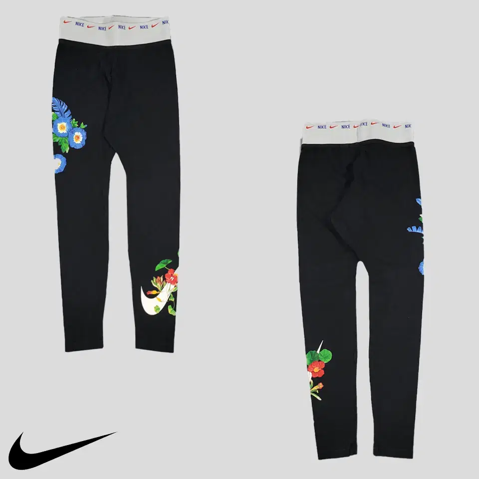 Nike Black White Swoosh Flower Print Cotton Blend Leggings Tights S