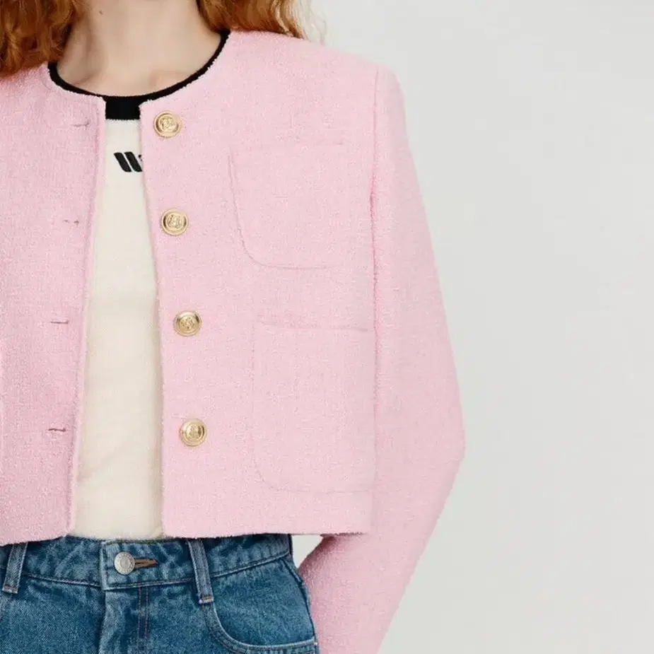 [WEHOURS] Cropped tweed jacket -pink