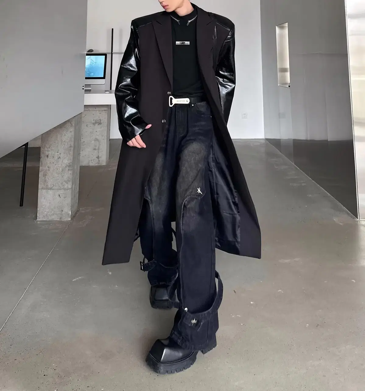 Men's Long Coat Raglan Leather Sleeve Leather Coat