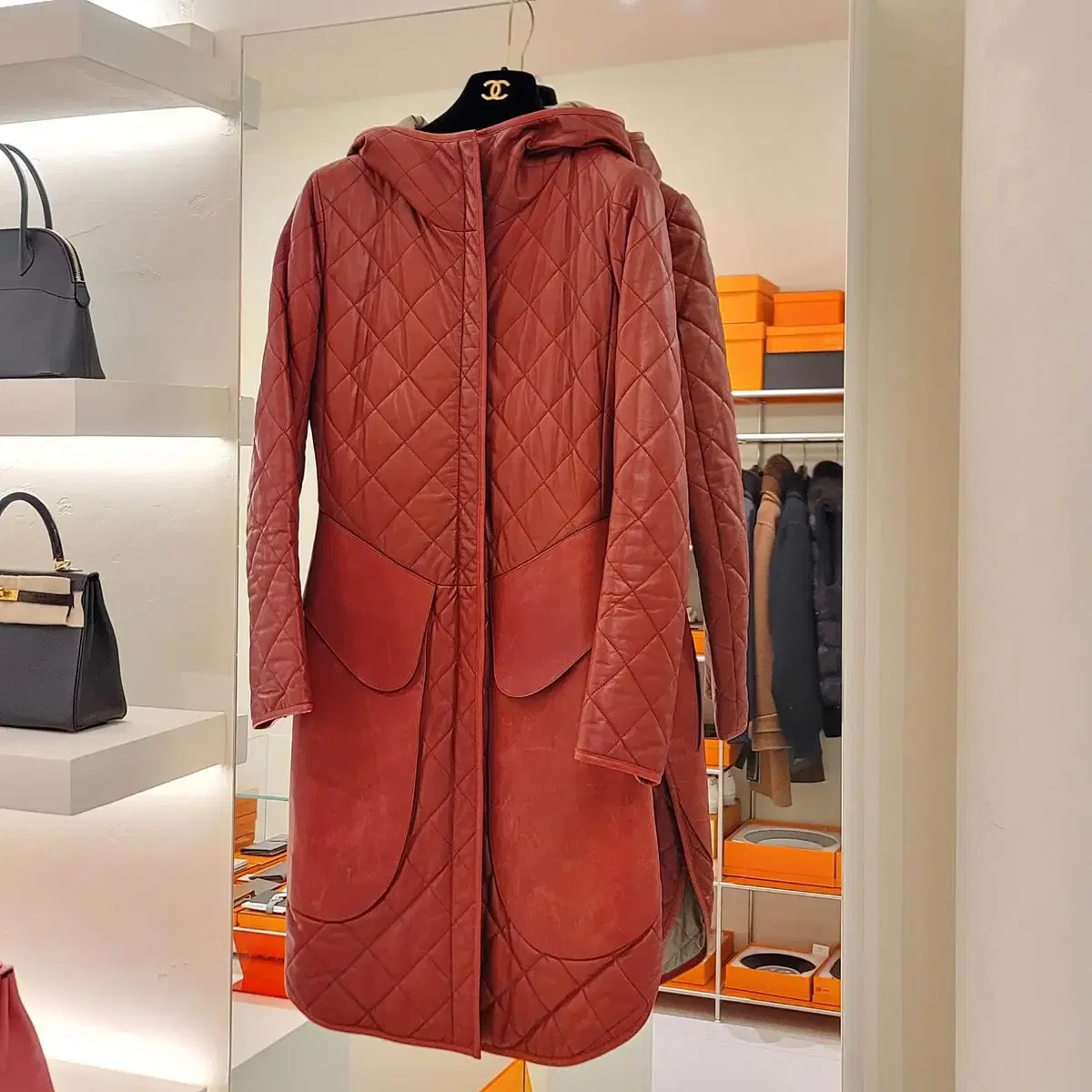 Hermès Terracotta Leather Hooded Long Coat 34 2797