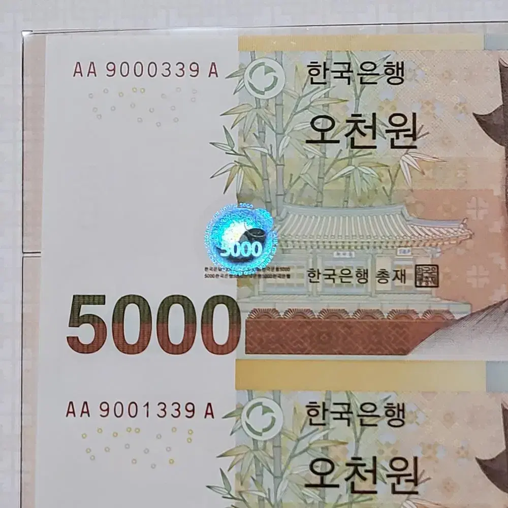 5차 오천원권 5000원초판 AAA 339번 빠른번호 연결지폐  경매첩