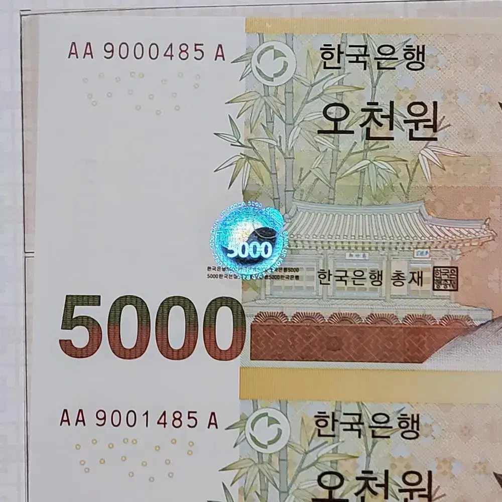 5차 오천원권 5000원초판 AAA 485번 빠른번호 연결지폐  경매첩