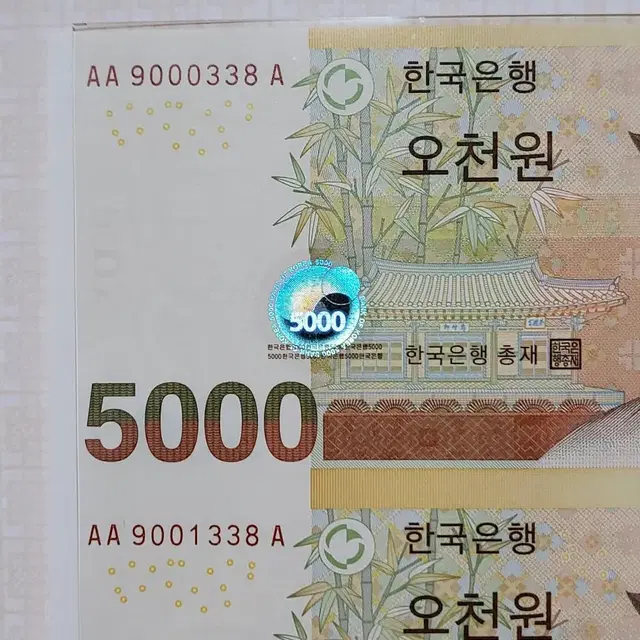 5차 오천원권 5000원초판 AAA 338번 빠른번호 연결지폐  경매첩