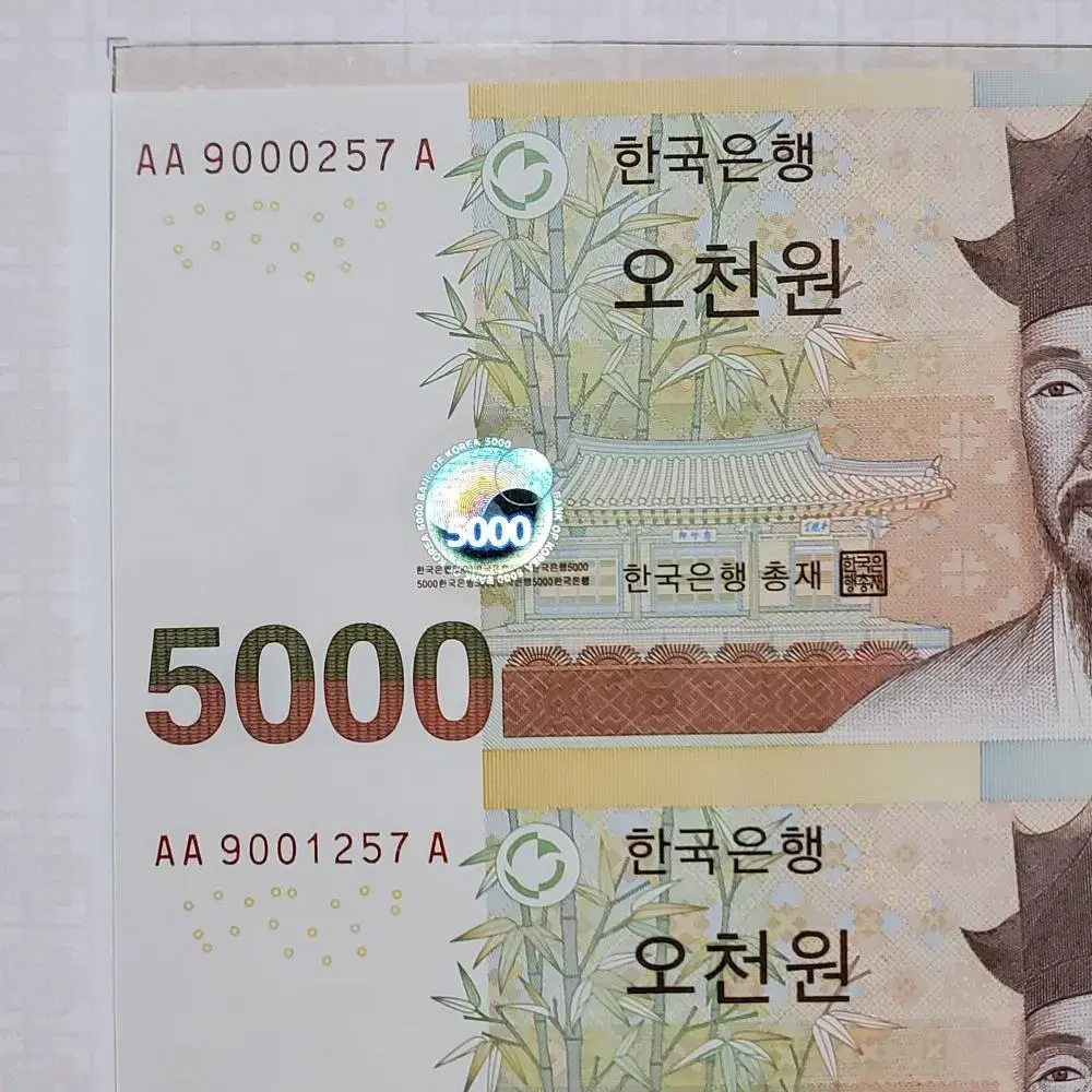 5차 오천원권 5000원초판 AAA 257번 빠른번호 연결지폐  경매첩