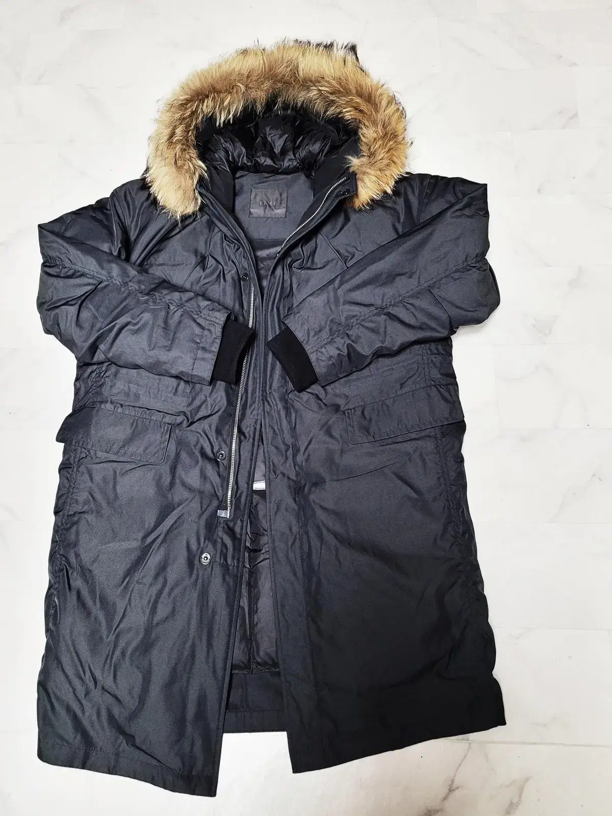 Time Homme Raccoon Fur Hooded Black Goose Down Long Padded MYR