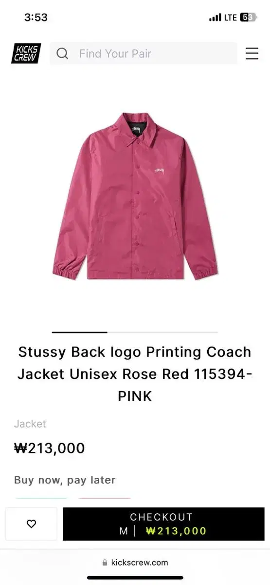 Stussy Coach Jacket Rose Red M size