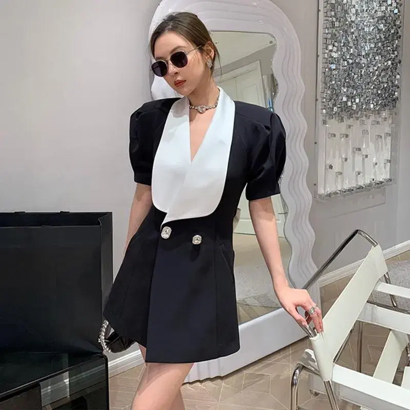 High-waisted puff sleeve double dress suit