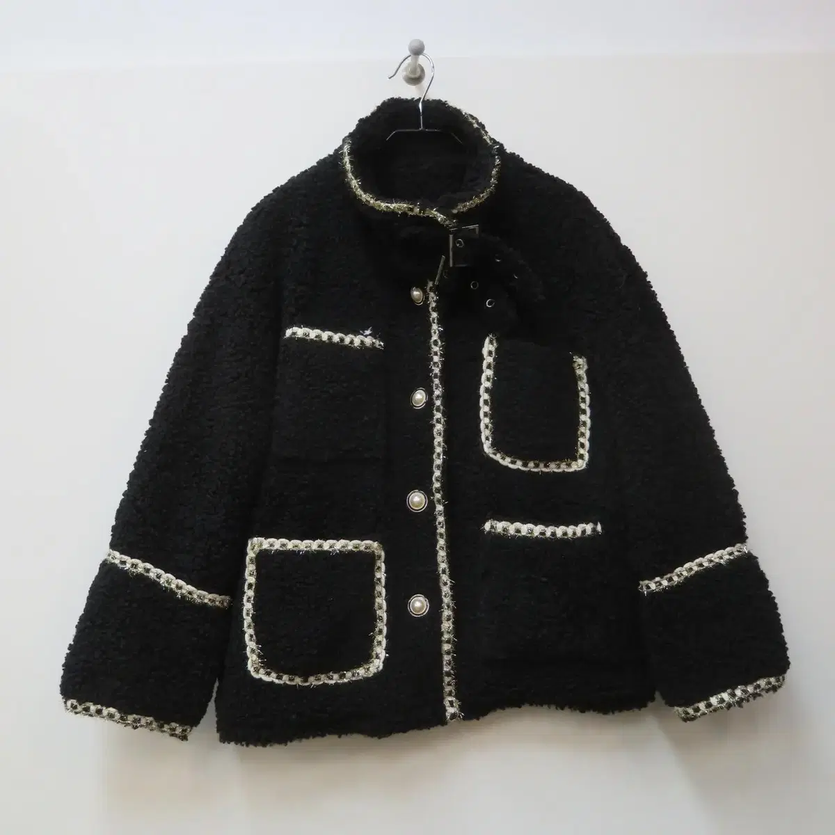 Black Poggle Fleece Chain-Trimmed Jacket