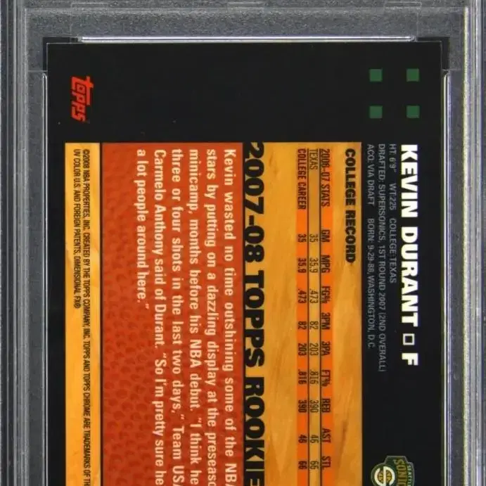 2007 탑스 크롬 케빈 듀란트 RC PSA 10