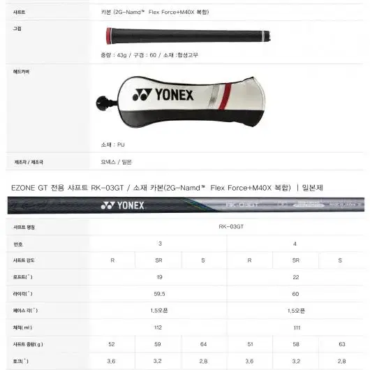 정품 요넥스 뉴이존 GT 남성 비거리 유틸리티골프우산장갑