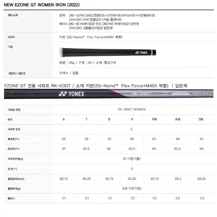 정품 요넥스 뉴이존 GT 비거리 여성 경량 7아이언세트골프우산장갑